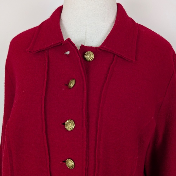 90s Boiled Wool Cardigan Jacket Cherry Red Long Sleeve Collar Button Up - Picture 5 of 11